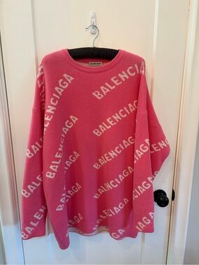 Balenciaga Pink Logo Jacquard Crewneck Sweater